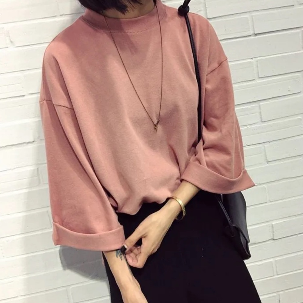 Pink Crew Neck Boxy Elbow Length Sleeve T-Shirt with Side Slit One Size